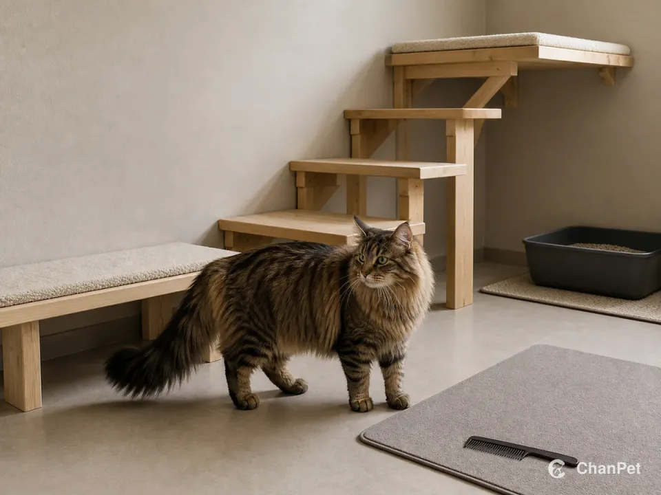 A Norwegian Forest Cat walks past a low resting bench and wide grooming mat, beside a roomy litter tray and supported wooden steps to a high perch; a wide-tooth comb rests on the mat.