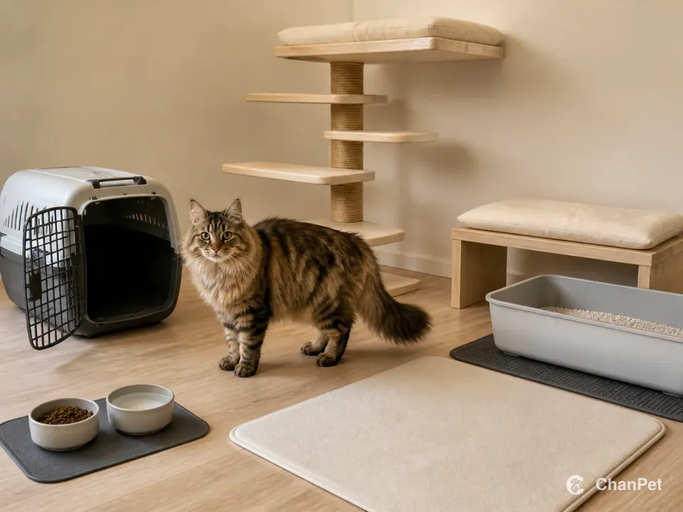 A Norwegian Forest Cat stands beside a fully open carrier, sturdy high platform, grooming mat, and separate food, water and litter areas.