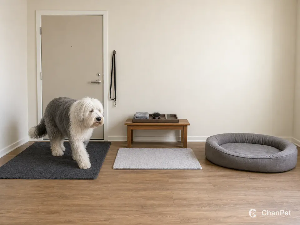 古代英国牧羊犬从关闭的公寓门前走过吸水垫,牵引挂起,固定梳理台和毛巾梳具通向远处睡垫