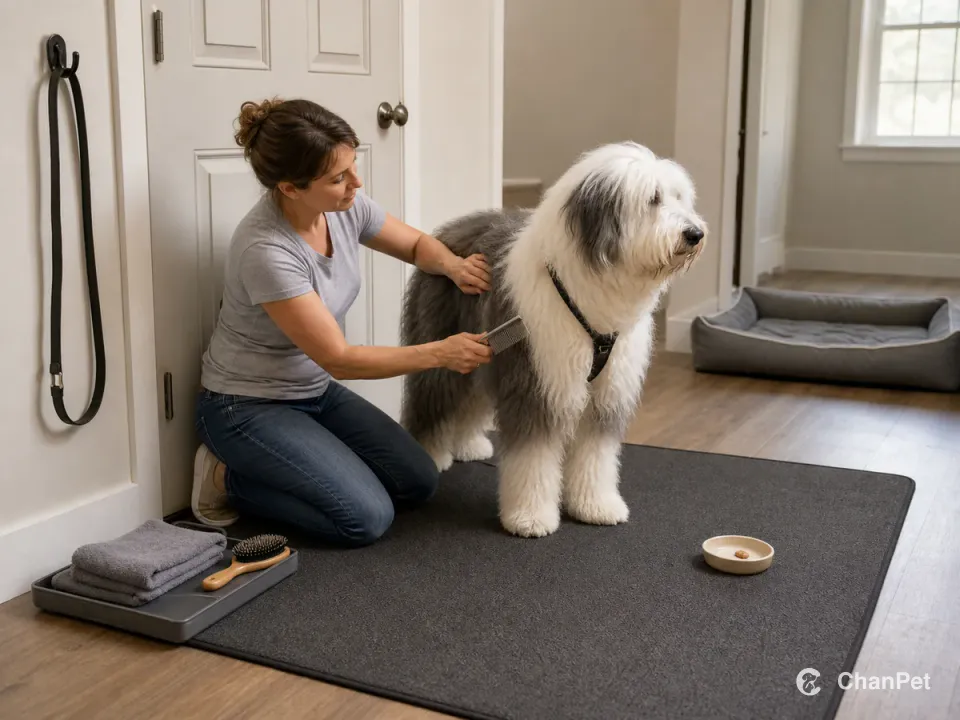 A caregiver combs one small coat section of an Old English Sheepdog beside the stored leash, towel, and quiet reward