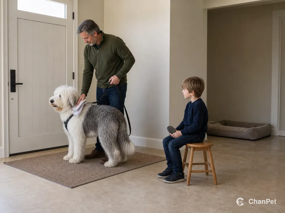 成年人握住古代英国牧羊犬的牵引并擦拭被毛，孩子坐在远处拿着梳子，狗窝路线保持畅通