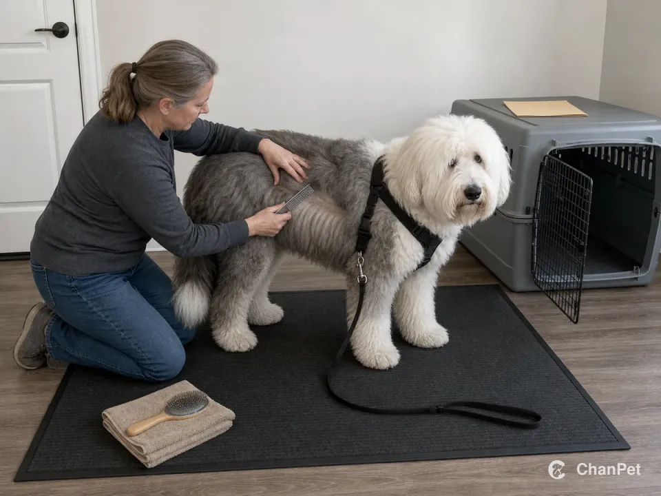 A caregiver parts an Old English Sheepdog's dense coat for a body check beside grooming tools, connected walking gear, a blank health folder, and a transport crate.