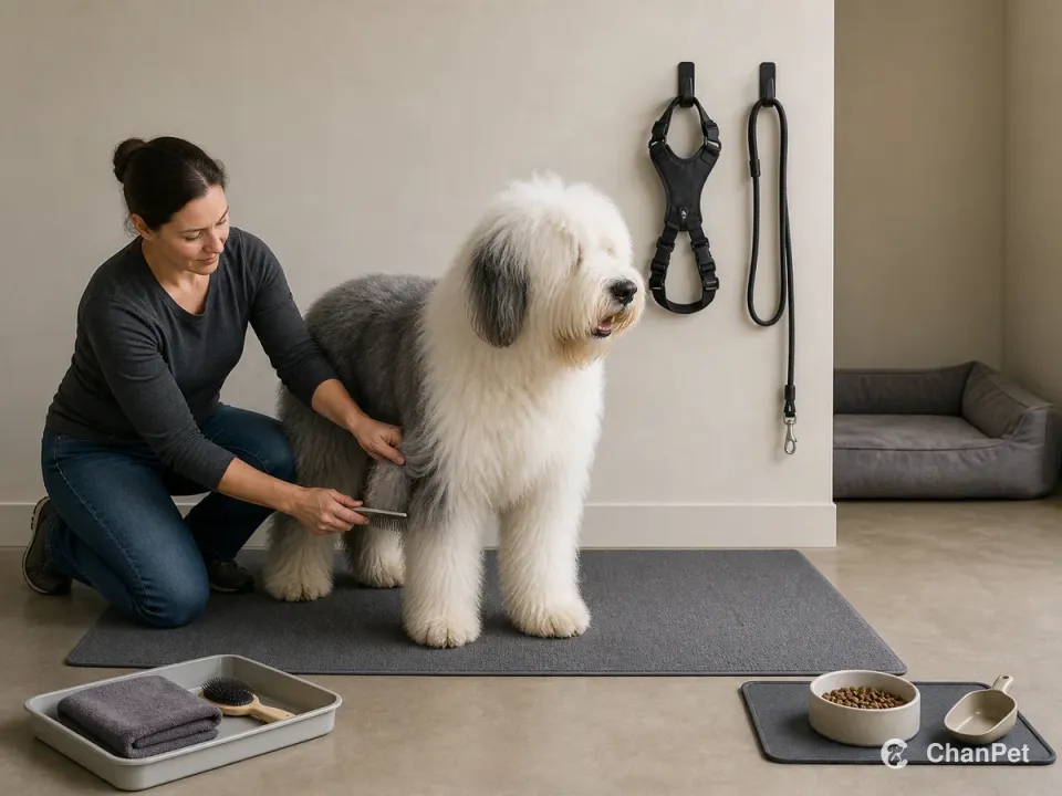 A caregiver combs an Old English Sheepdog beside fixed places for walking gear, cleanup, measured food, and quiet rest