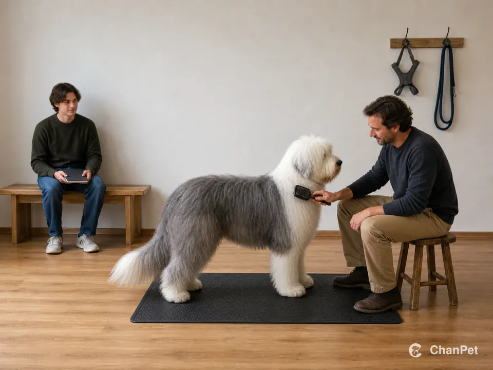 A student sits on a complete bench with a blank notebook while a backup caregiver brushes an Old English Sheepdog on a grooming mat beside a ready harness and leash