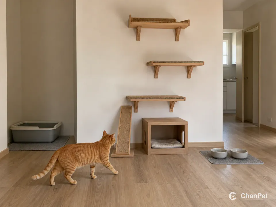 An orange tabby walks along an open apartment route between a separate litter corner, food and water bowls, a two-exit hide, scratching ramp, and supported wall shelves