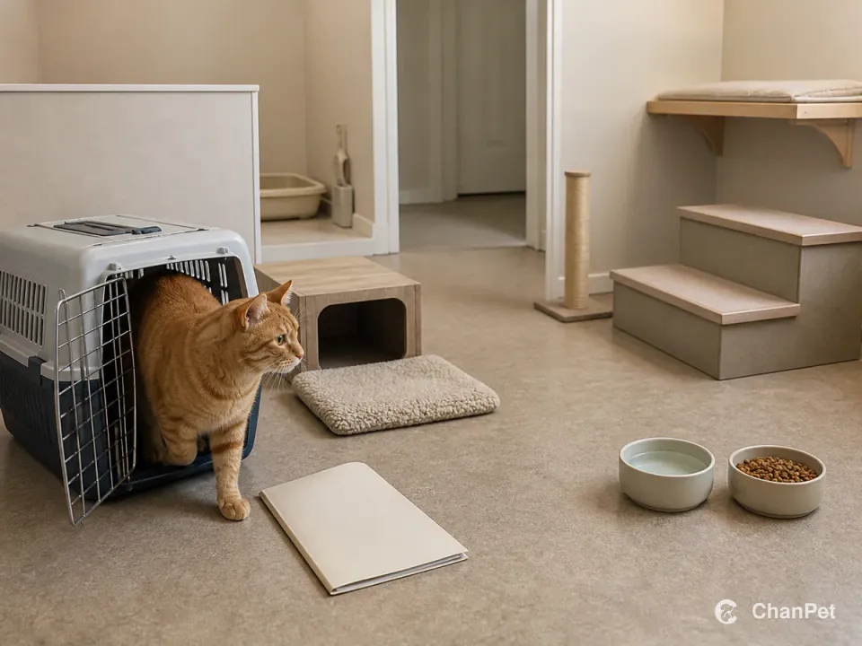 运输箱门完全打开，橘猫自己迈进准备好的安静房间，食水、猫砂、躲避处和高台已经分开放好