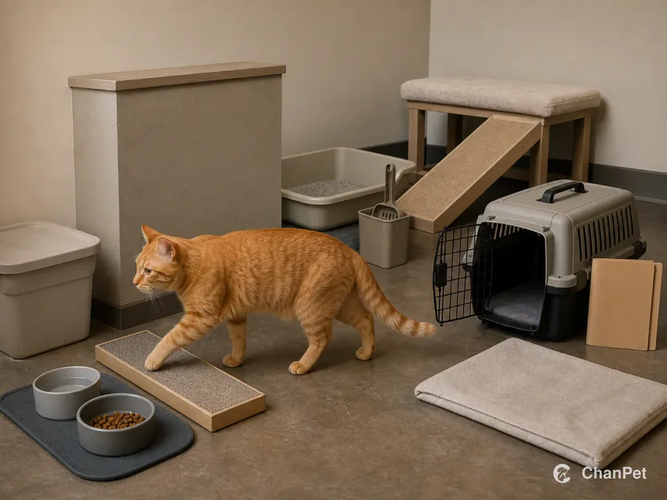 An orange tabby walking across a durable scratcher among only the food, water, litter, carrier, washable mat, and low resting space used in daily care