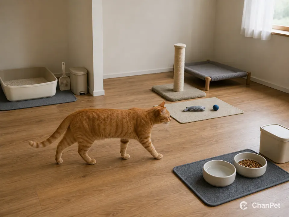 A short-haired orange tabby crosses a room with separated litter, food, water, play, scratching, and resting resources