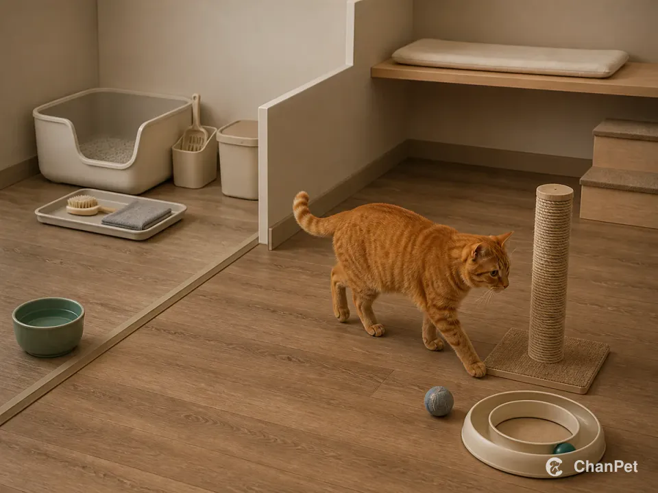 橘猫走向抓柱和夜间玩具，猫砂、带盖废弃物桶、清洁托盘、饮水和高处休息位分区摆放