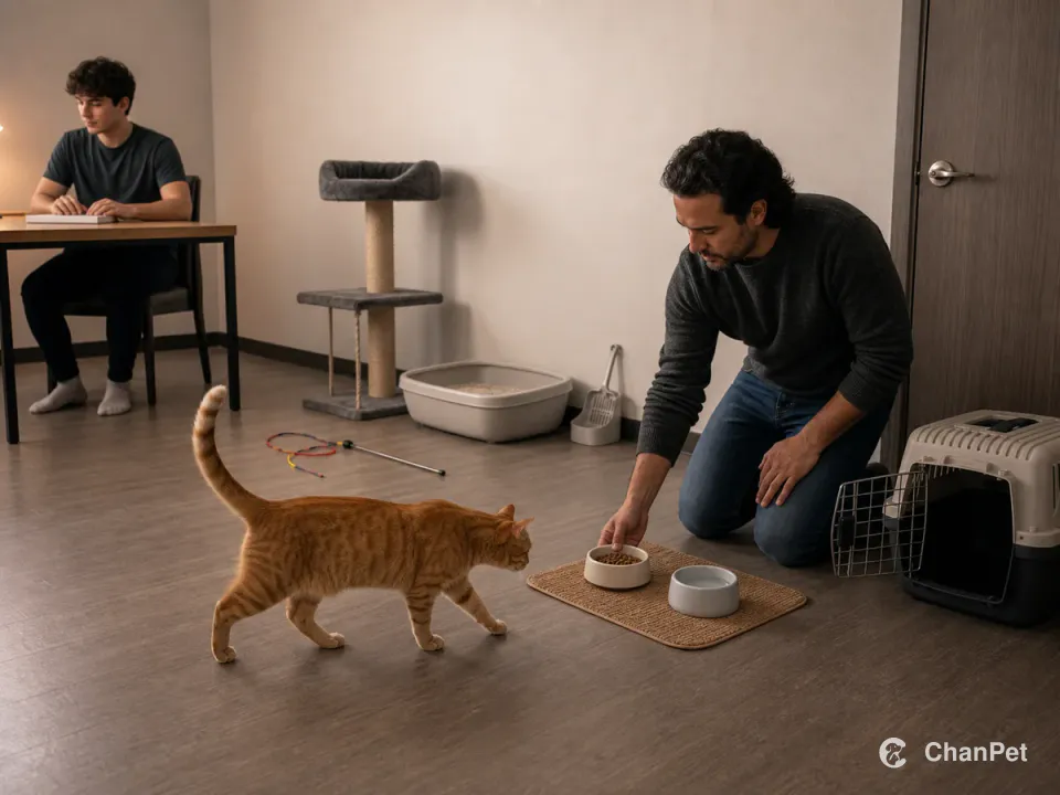 学生留在无字书桌旁，备用照护者为一只橘色虎斑猫补充食物，猫砂、玩具、高处休息台和开放运输箱沿墙备好