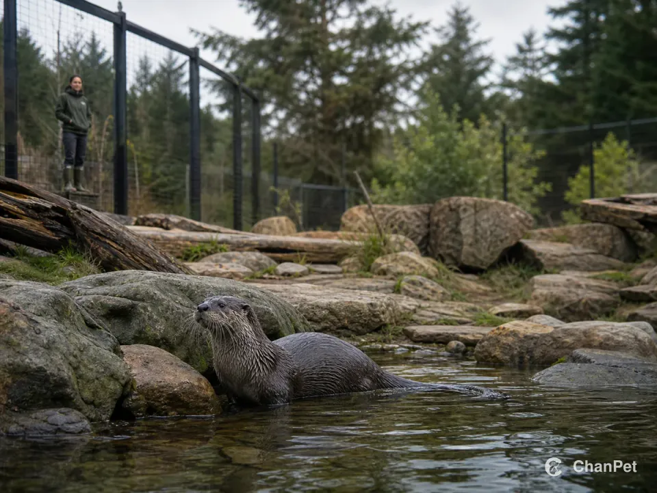 An otter in a fenced, rock-lined outdoor water enclosure.