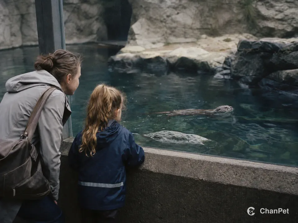 An adult and child watch an otter swim behind a viewing window.