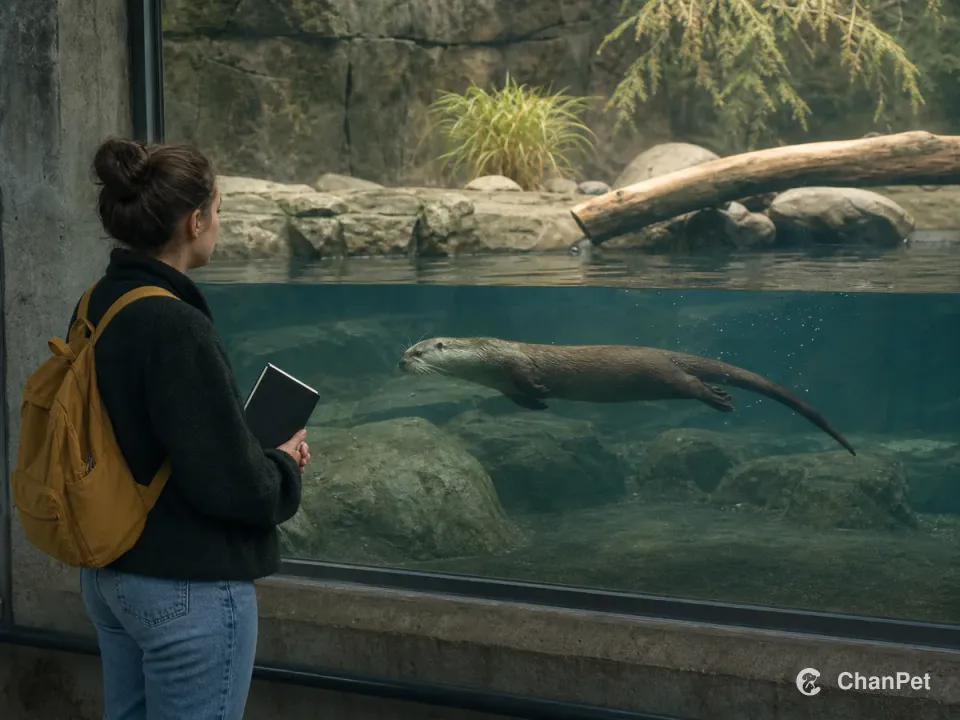 A student watches an otter swim through the viewing glass of a professional care enclosure.