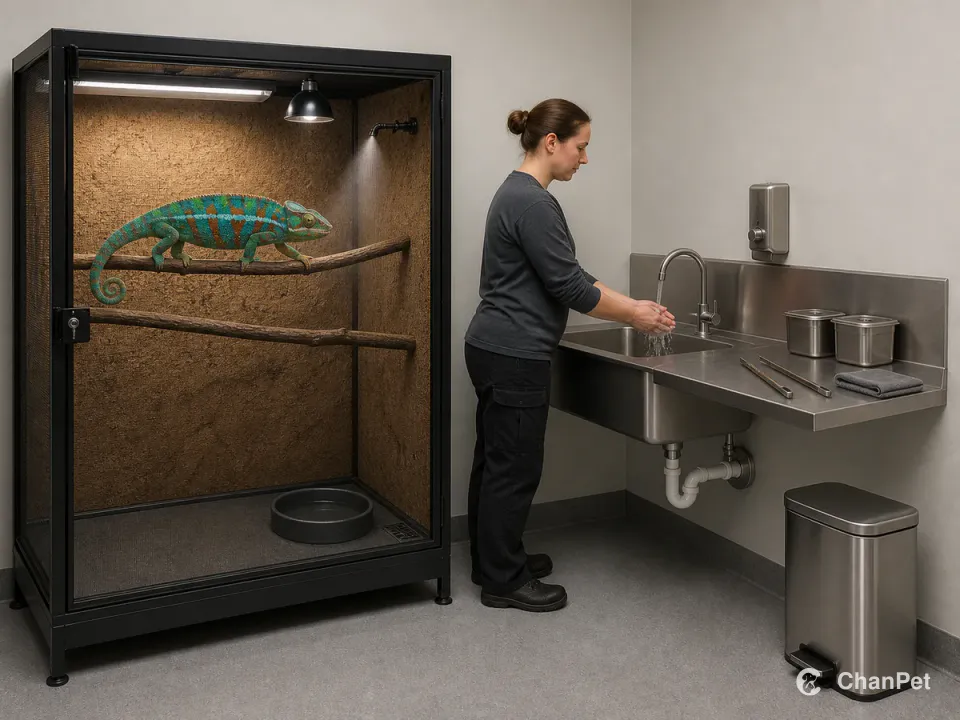 An adult washes both hands at a fixed sink beside a closed panther chameleon enclosure and contained feeder-care tools.
