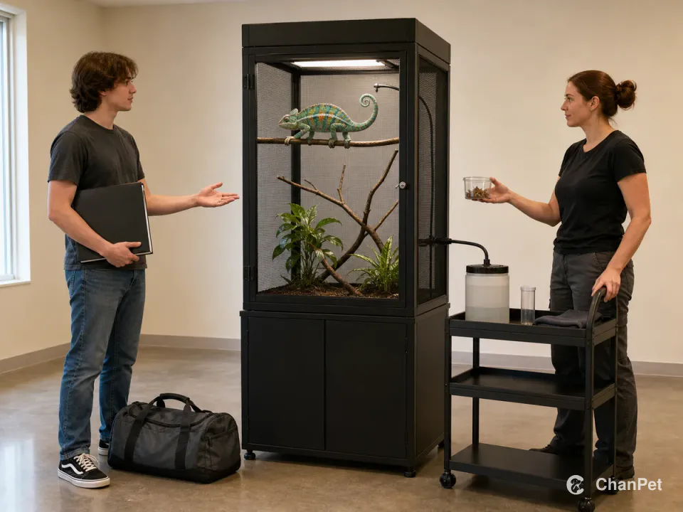 A student with a travel bag hands care over beside a closed panther chameleon enclosure while a trained caregiver holds a feeder cup, with the reservoir and single-line misting system visible