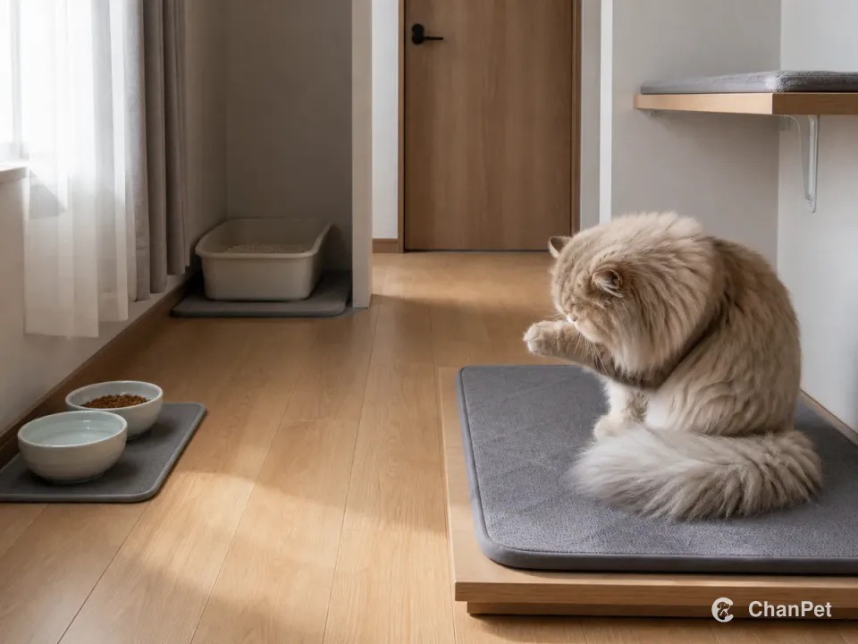 A long-haired Persian grooms a forepaw on a washable mat; a litter tray sits in a side nook and food and water rest on the opposite side, with a clear route by the door.