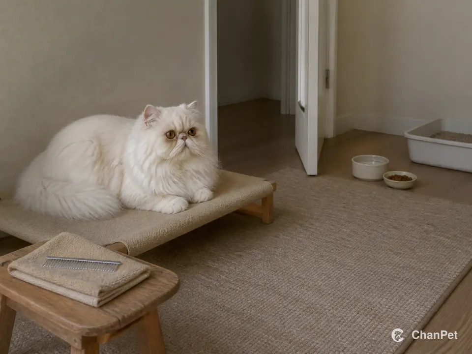 A Persian cat rests on a low platform in a quiet room with a comb nearby and separate water, food, and litter areas