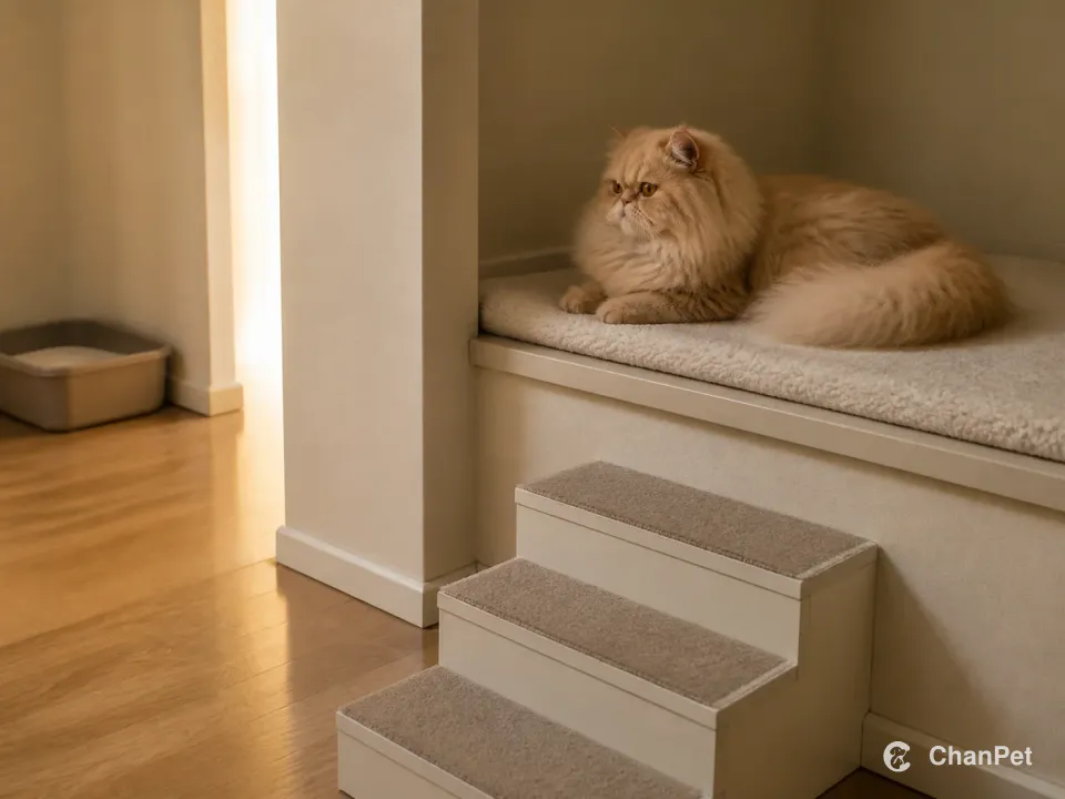 A Persian cat resting on a quiet elevated platform with step-down access and a clear exit route, with a separate litter area in the distance.