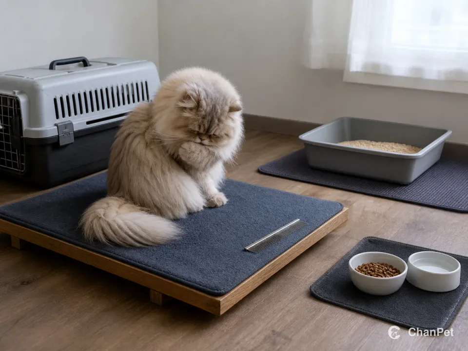 A long-haired Persian grooms a forepaw on a washable mat beside an unbranded carrier, with a separate litter tray and food and water nearby.