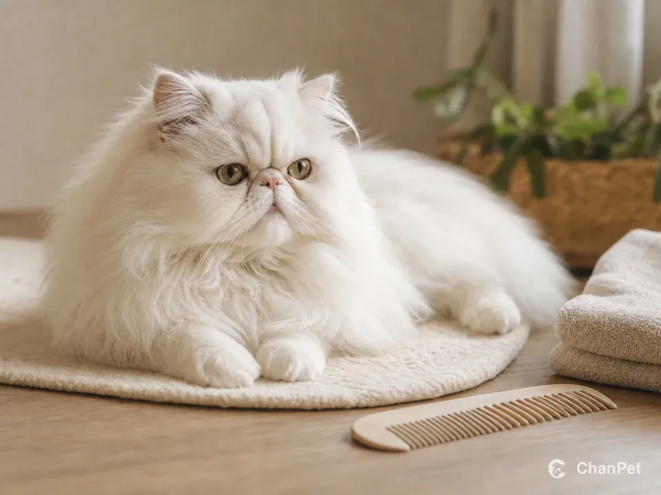 A white Persian resting on a soft mat beside a wide-tooth comb and folded towels