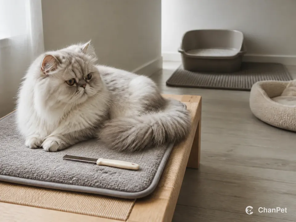 一只浅色长毛波斯猫趴在可洗梳理垫上,旁边有素色梳子,远处是分开的猫砂区和落砂垫。