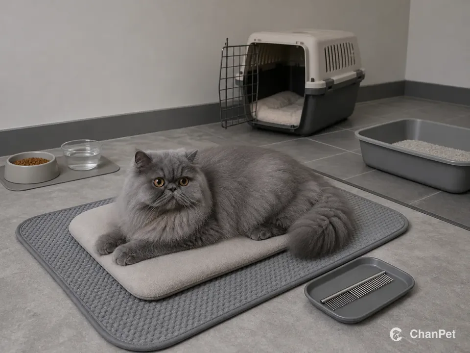A blue-gray Persian rests on a washable grooming mat with a plain comb, separate food and litter zones and an open neutral carrier.