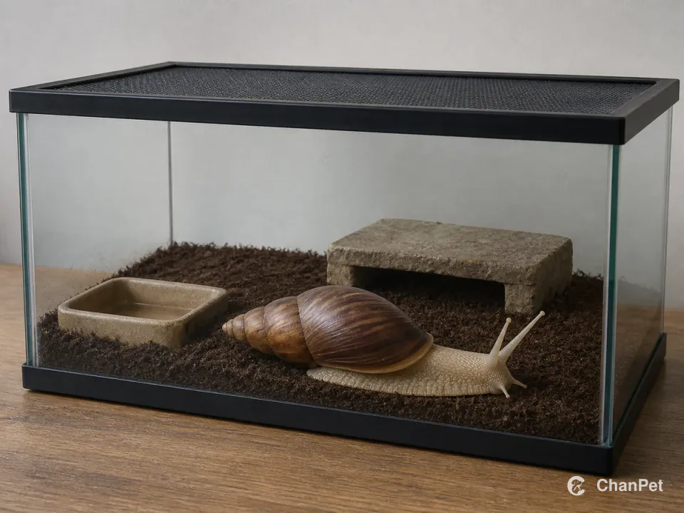 A land snail moves across damp substrate inside a closed glass habitat with a stone hide and shallow water dish