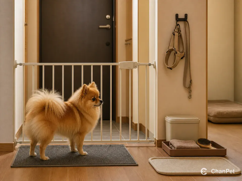 A Pomeranian stands on a nonslip mat inside an apartment while a closed gate protects the entry and the leash, towel, brush, and quiet bed stay in fixed places