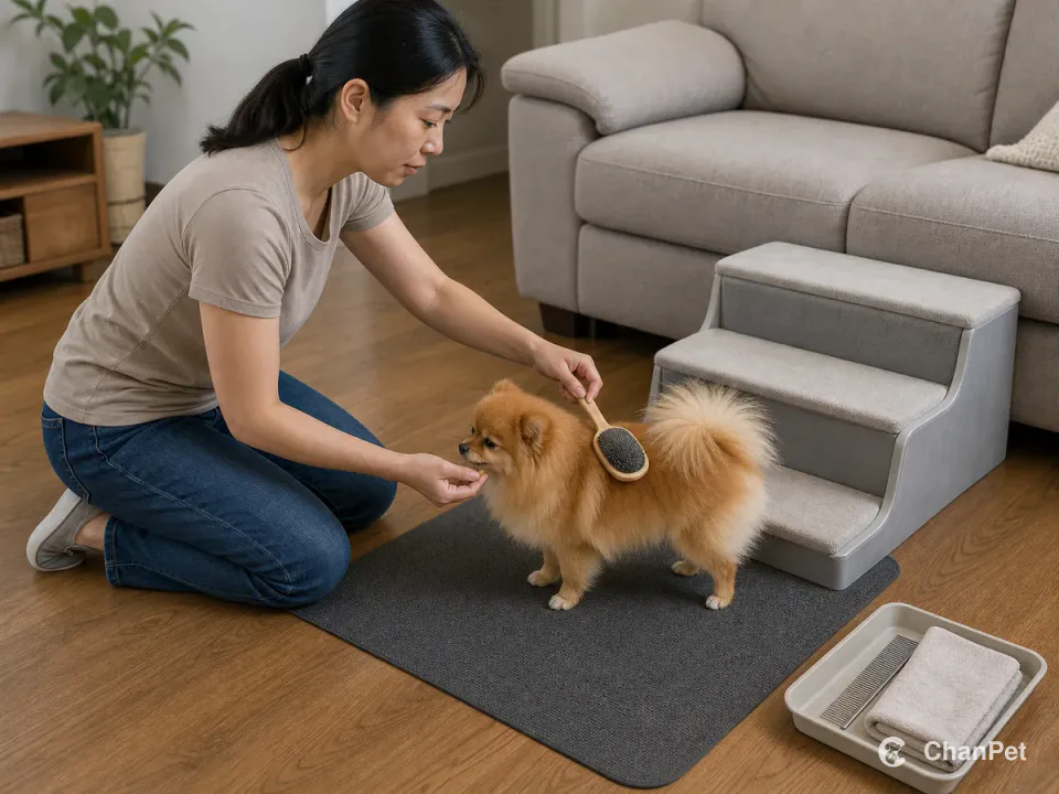 A first-time caregiver offers a reward while gently brushing a Pomeranian on a nonslip mat beside a stable two-step route to the sofa