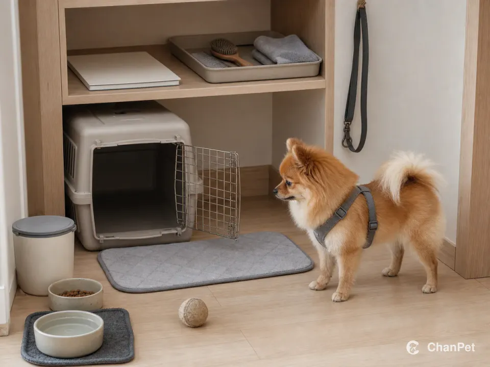 A Pomeranian wearing a fitted Y-front harness stands beside an open carrier, with a stored lead, blank health folder, basic comb and brush, food and water arranged as daily essentials