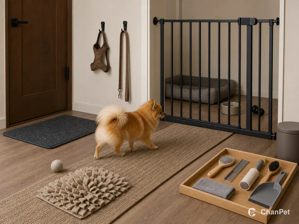 An adult orange Pomeranian walks along a short runner toward a gated rest area, with four paws and a complete plumed tail visible. A harness and leash hang separately beside the solid exterior door and toilet-outing mat; a soft ball and sniff mat mark the activity route, while a tray holds combs, brushes, a lint brush, dustpan and cloth.