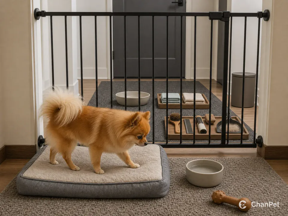An adult orange Pomeranian steps onto a low bed inside a closed gate, with four paws and a complete plumed tail visible beside a water bowl and durable food toy. Beyond the gate, the closed entry door faces an empty paw basin, damp cloths and dry towel; a second tray holds combs, brushes, a lint brush and dustpan with a modest amount of collected undercoat beside a closed bin.