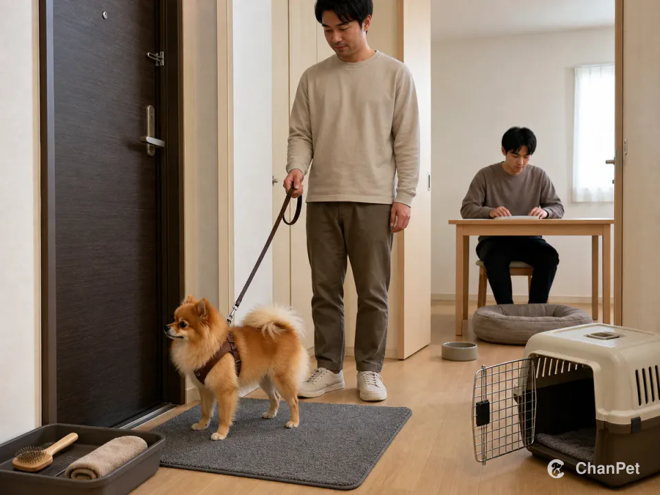 备用照护者在门口牵好博美，学生留在无字书桌旁，梳理用品和开放运输箱已备好