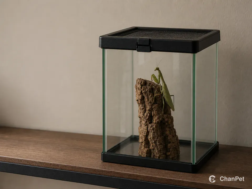 A praying mantis rests on cork inside a compact vertical habitat on a stable interior shelf.