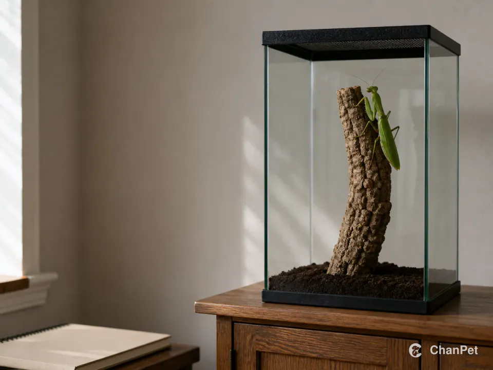 A green praying mantis rests on a vertical cork branch inside a closed tall glass terrarium on a wooden cabinet.