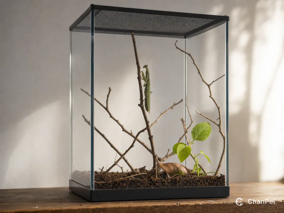 A praying mantis rests vertically on a twig inside a tall insect enclosure with a closed mesh lid.