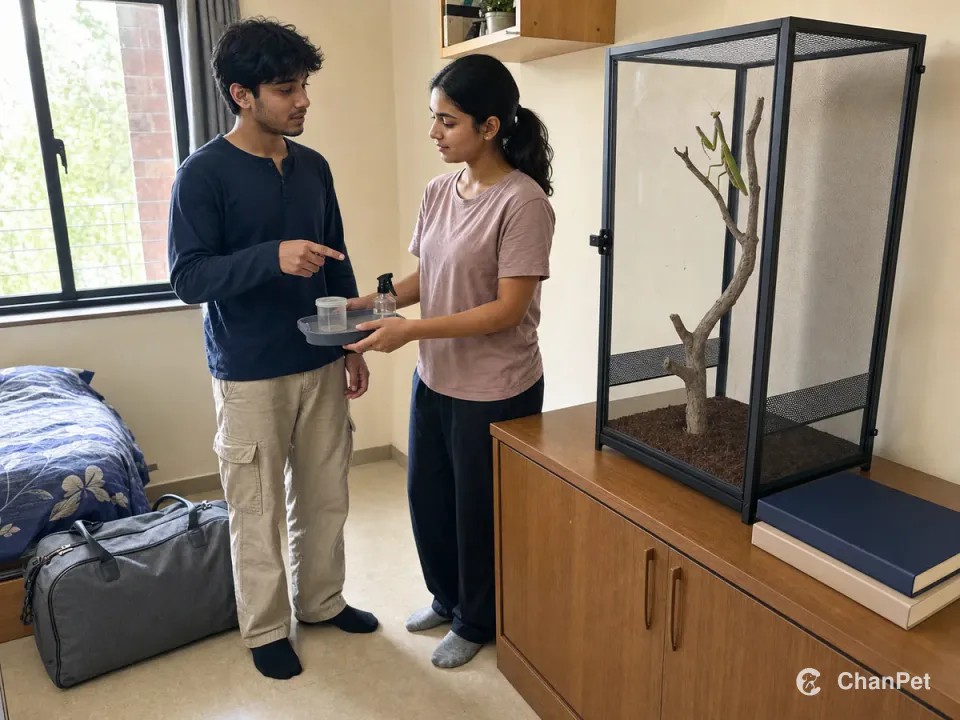 Two students hand over a feeder cup and mister beside a closed tall praying mantis enclosure and a packed travel bag.