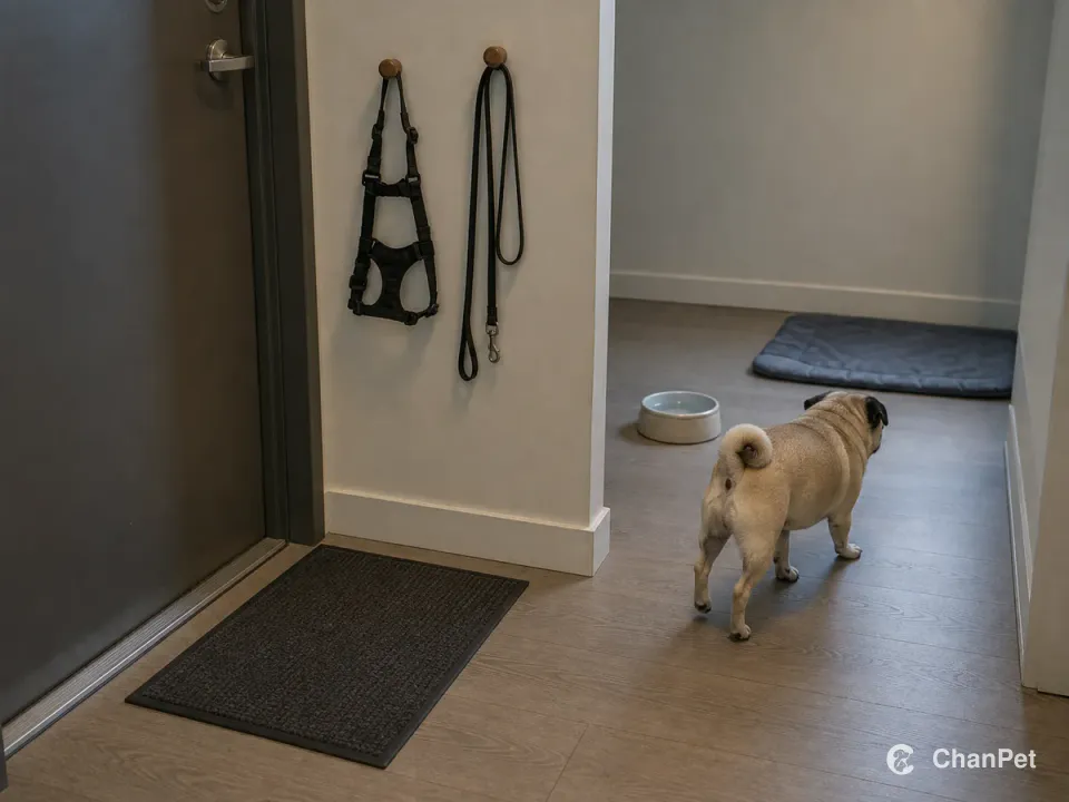 A Pug walks from an apartment doorway mat toward a water bowl and cool rest mat, with its leash and harness hanging beside the closed door.