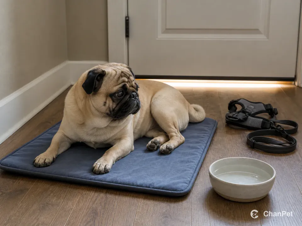 A fawn Pug rests with its mouth closed on a blue-gray mat in a shaded entryway beside clean water, with a removed harness and leash near the door.