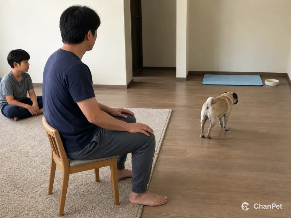 An adult watches a Pug walk toward its water bowl and rest mat while a child sits quietly farther back on the family rug.