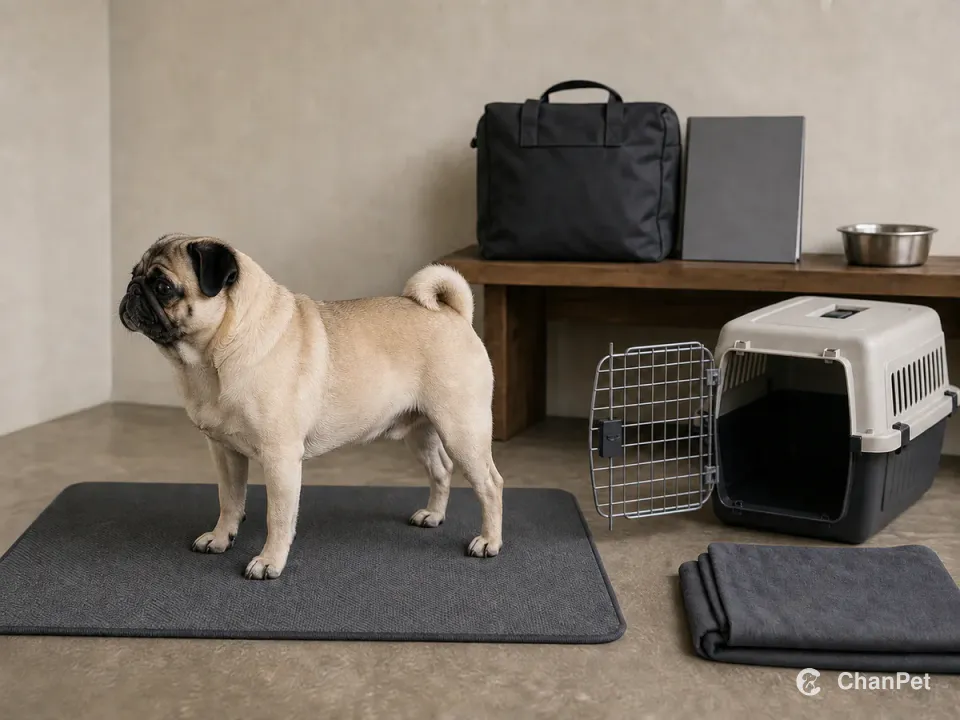 An adult Pug stands in side profile on a nonslip mat beside a blank health folder, care tote, water, and a carrier with its door fully open.