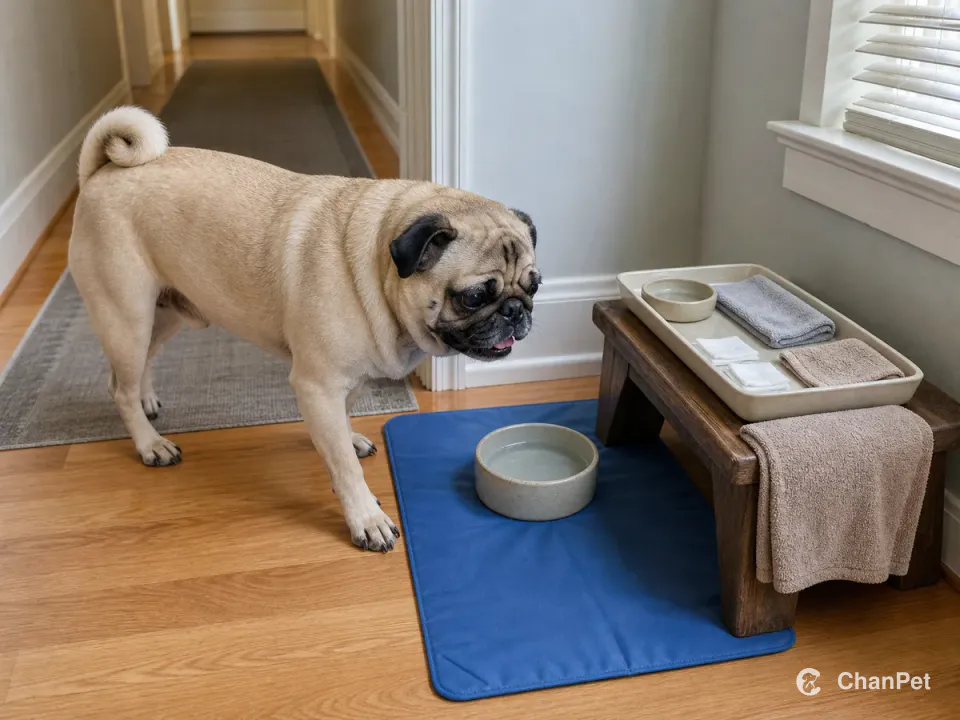 An adult fawn Pug walks from a short hallway toward a shaded mat and water bowl, its compact side profile, limbs and curled tail visible beside a low bench whose tray holds a shallow water dish, clean gauze and folded soft cloths.