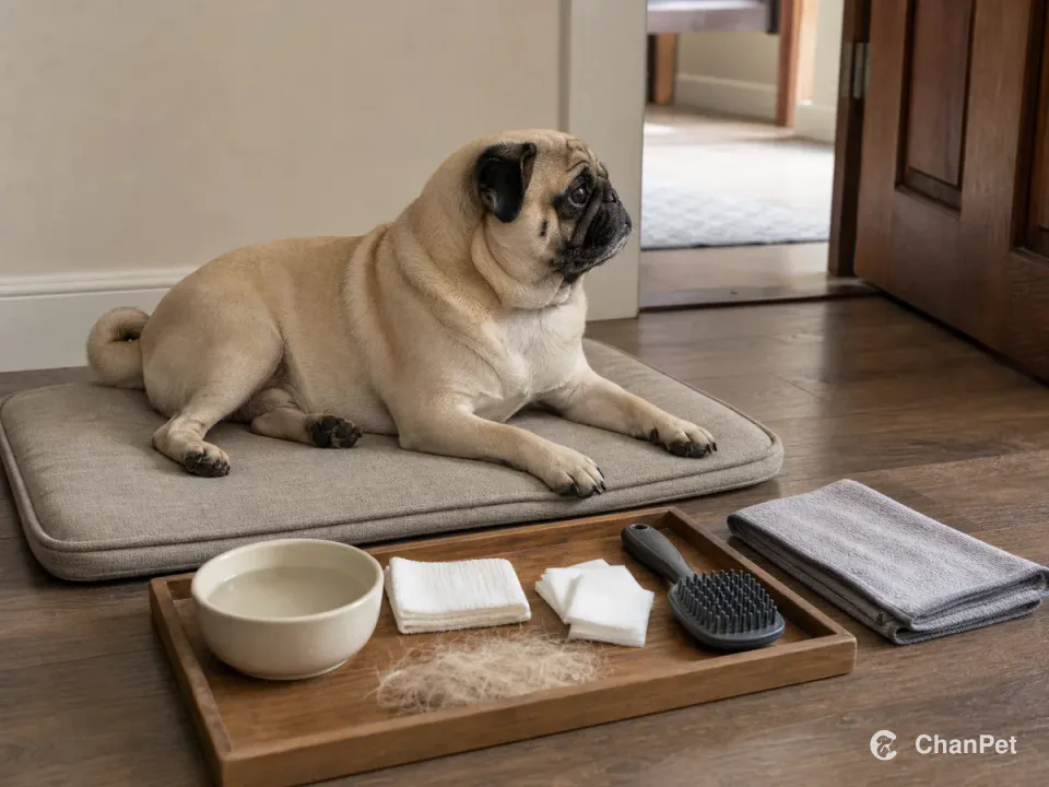 An adult fawn Pug rests awake on a low mat facing an open interior doorway, with its short square muzzle, limbs and curled tail visible. A wooden tray holds a shallow water dish, gauze and soft cloths for eye-area and facial-fold care, plus a rubber brush with a small wisp of short hair.