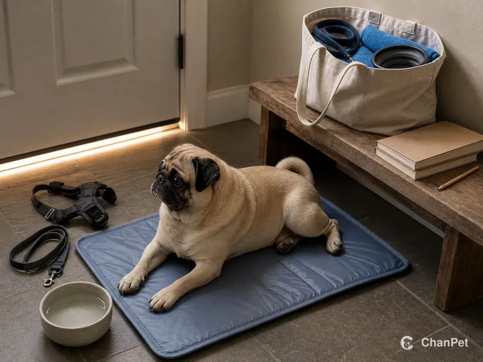 A fawn Pug rests on a cooling mat beside water and walking gear; a tote on the bench holds a spare leash, cooling towel, and travel bowl.
