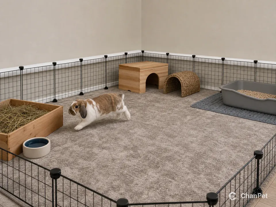 An adult Holland Lop moves inside a wide floor pen with hay, water, shelters and a litter corner in separate zones, while a cable guard runs outside the pen along the wall.