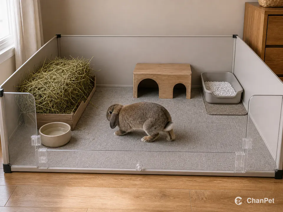 An adult Holland Lop rabbit moving inside a complete floor pen, with hay, a water bowl, a two-exit hide, and a low-entry toilet corner around it.