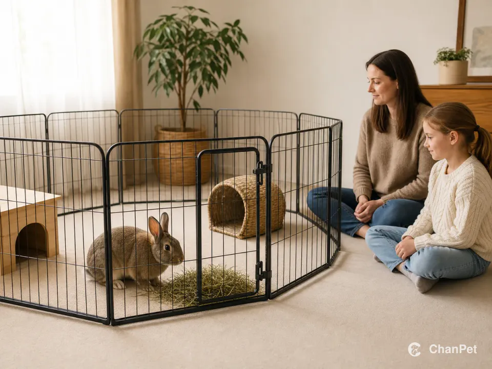 A domestic rabbit rests inside a closed exercise pen while an adult and child sit together outside the boundary.