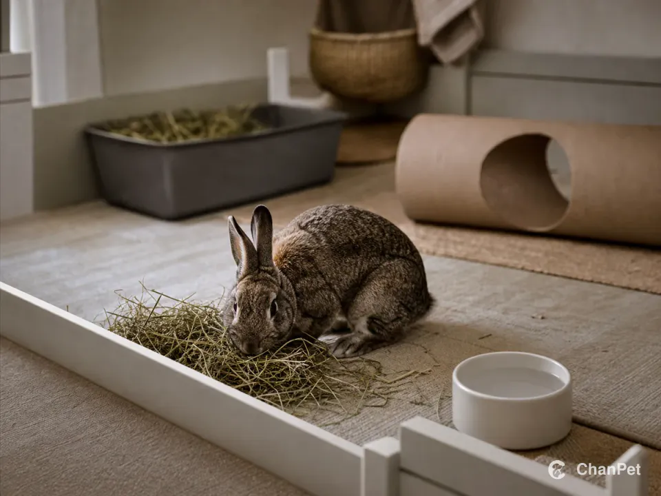 A house rabbit eating hay in an indoor exercise pen beside water, litter, and a cardboard tunnel