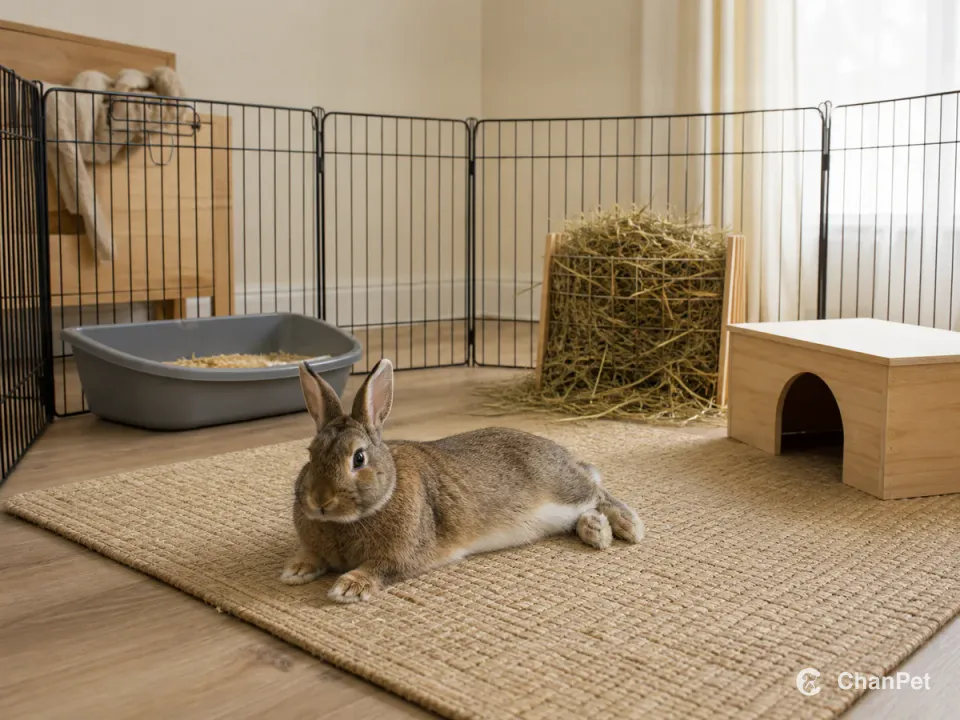 A house rabbit rests on a washable mat inside an indoor pen beside a hay rack, low litter tray and wooden hide.