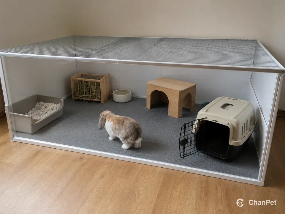 A Holland Lop rabbit remains in a spacious floor pen with continuous front, side and mesh-roof boundaries, hay, water, a two-exit hide, toilet corner, activity mat and fully open carrier.